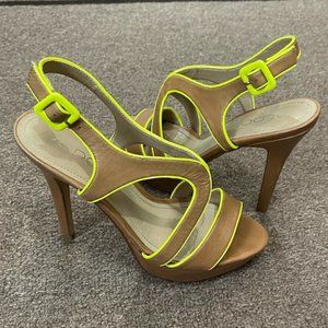 ALDO Leather Nude Strappy Heels Neon Yellow Piping